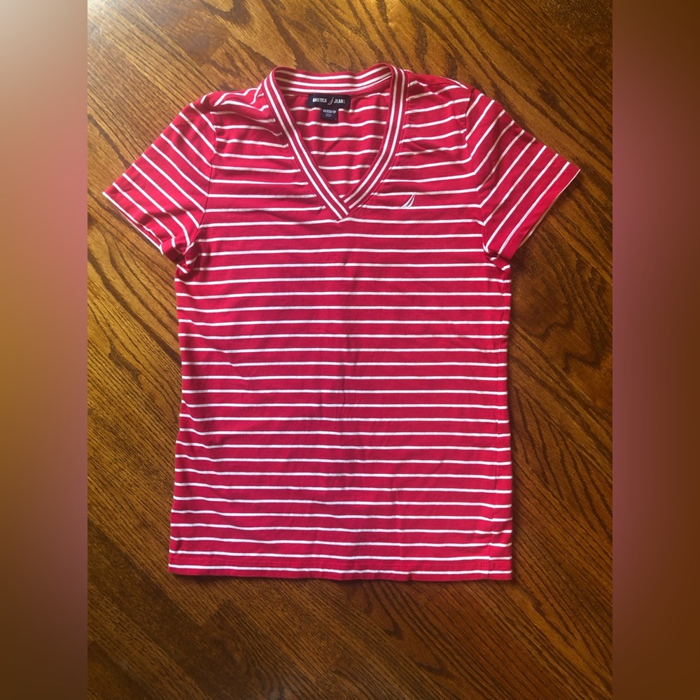 Nautica Jeans Red/White Striped Tee - Size XS